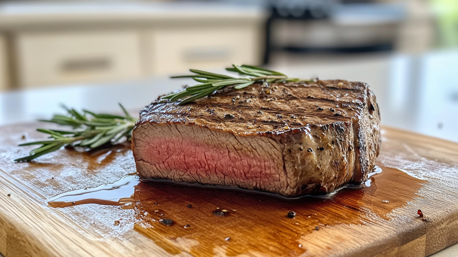 Juicy grilled beef round steak with rosemary on a cutting board.