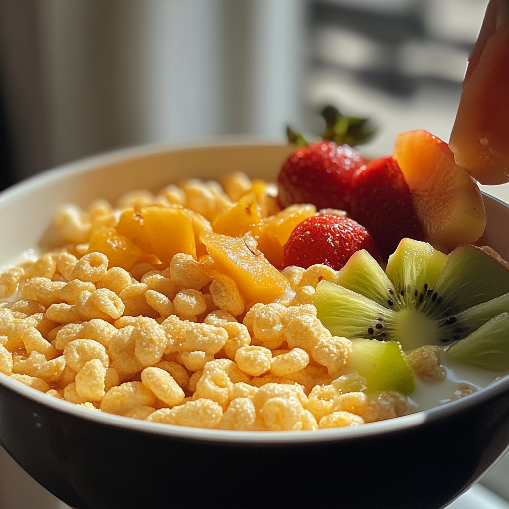 A bowl of puffed rice cereal topped with fresh fruit and served with milk.