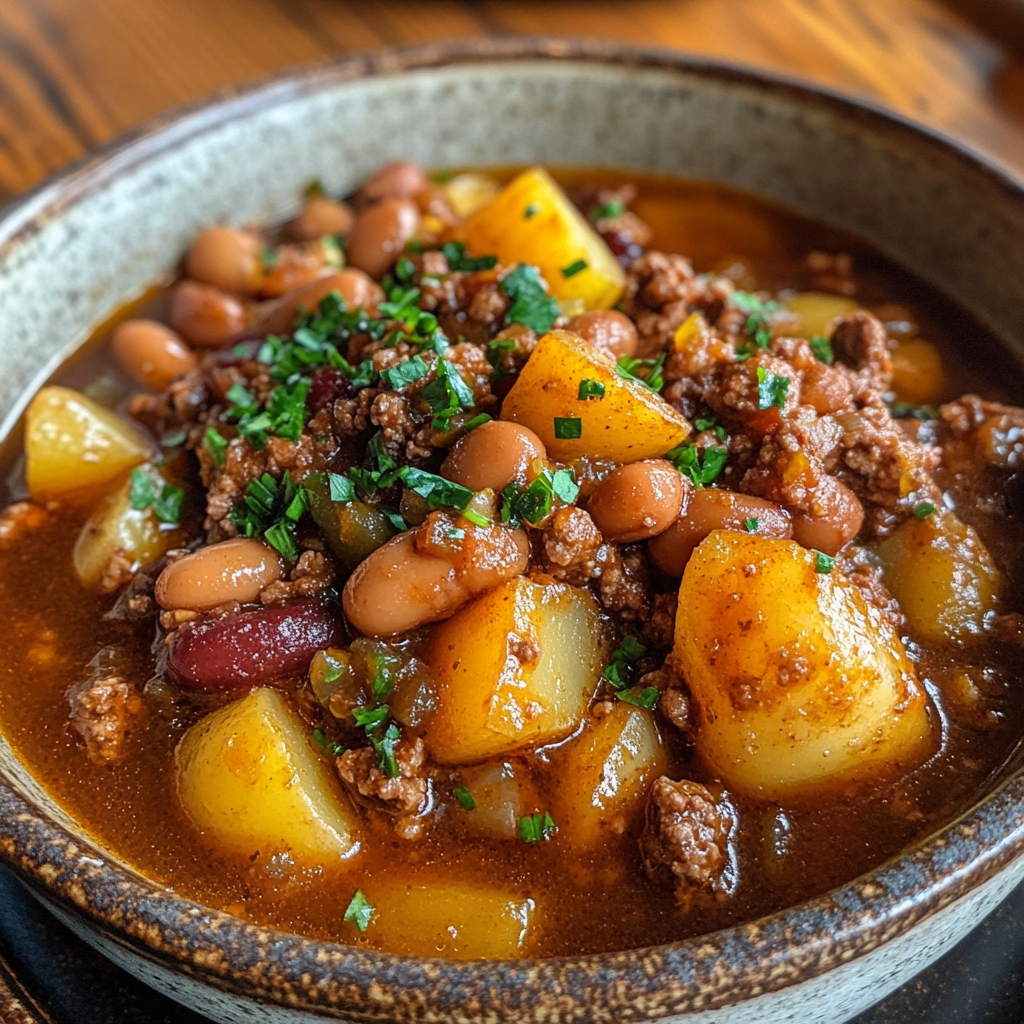 Hearty cowboy stew with ground beef, sausages, beans, and potatoes in a rich, savory broth.