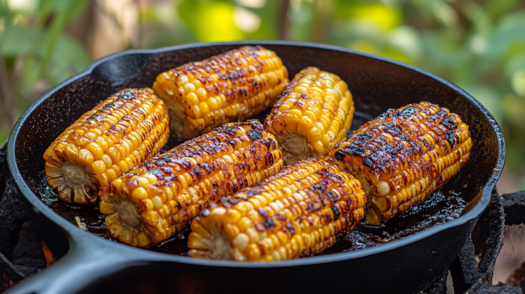 A mouthwatering plate of Southern fried corn with golden kernels, served in a cast-iron skillet.