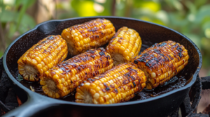 A mouthwatering plate of Southern fried corn with golden kernels, served in a cast-iron skillet.