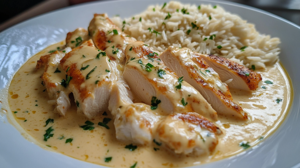 A plate of creamy chicken and rice with tender chicken pieces and a rich, creamy sauce.