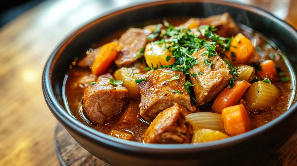 A bowl of pork stew with tender chunks of pork, vegetables, and a rich, flavorful broth.