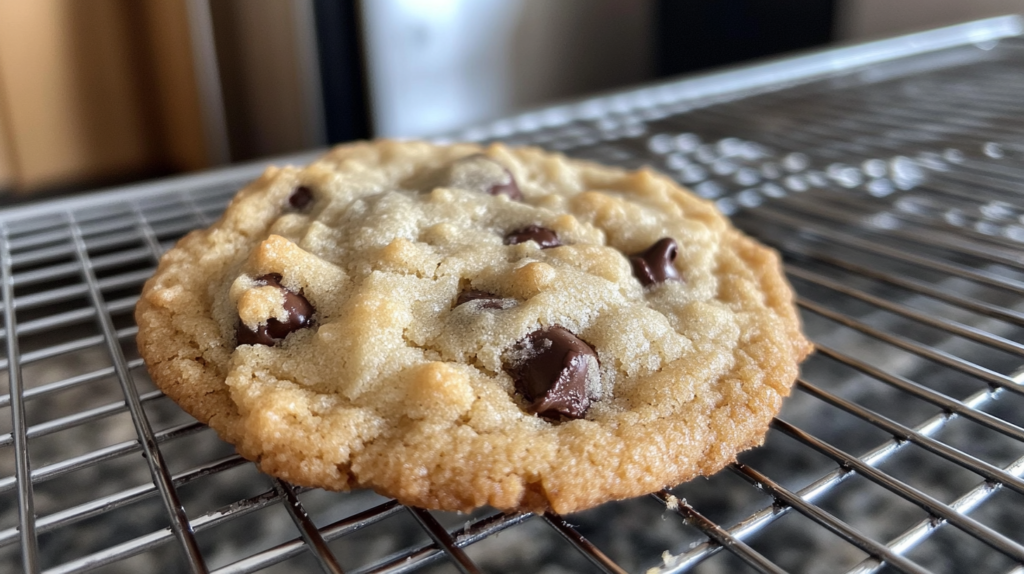 A freshly baked Crumbl cookie with melted chocolate chips on a cooling rack.