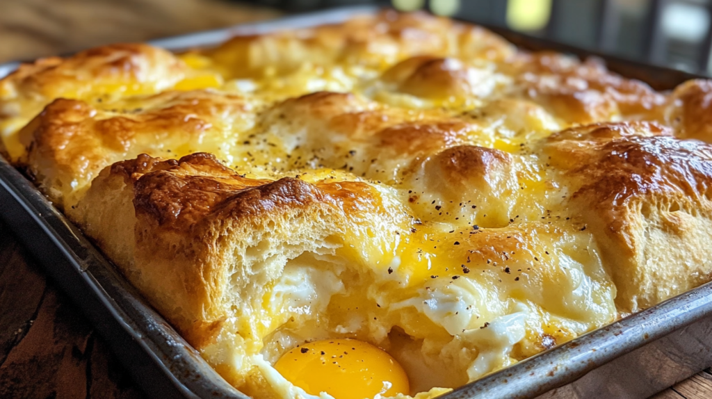 A freshly baked breakfast casserole with golden biscuits, eggs, and melted cheese.