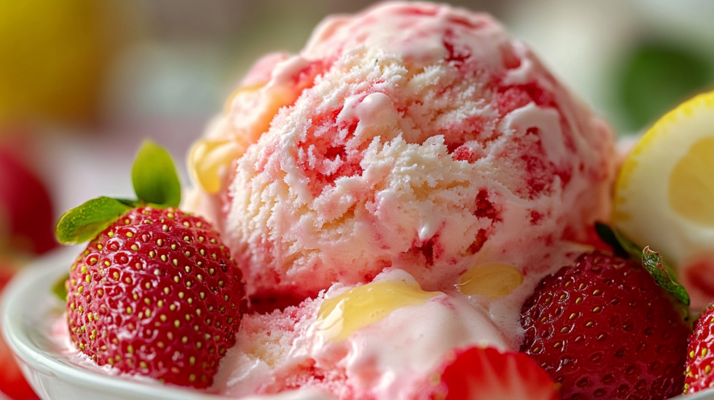 A creamy scoop of strawberry ice cream topped with fresh strawberries and a drizzle of lemon juice, taken with an iPhone 15 Pro.