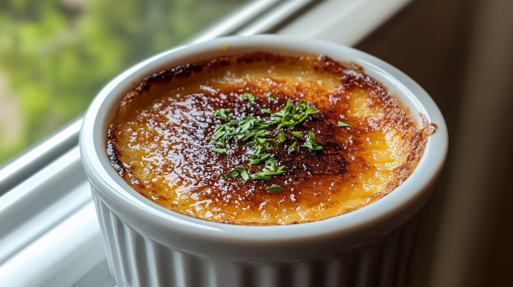 A small ramekin of savory crab brûlée with a caramelized crust and fresh herb garnish.