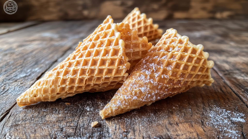 Golden brown homemade waffle cones placed on a rustic wooden table, with a soft natural glow.