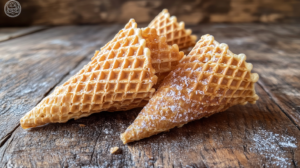 Golden brown homemade waffle cones placed on a rustic wooden table, with a soft natural glow.