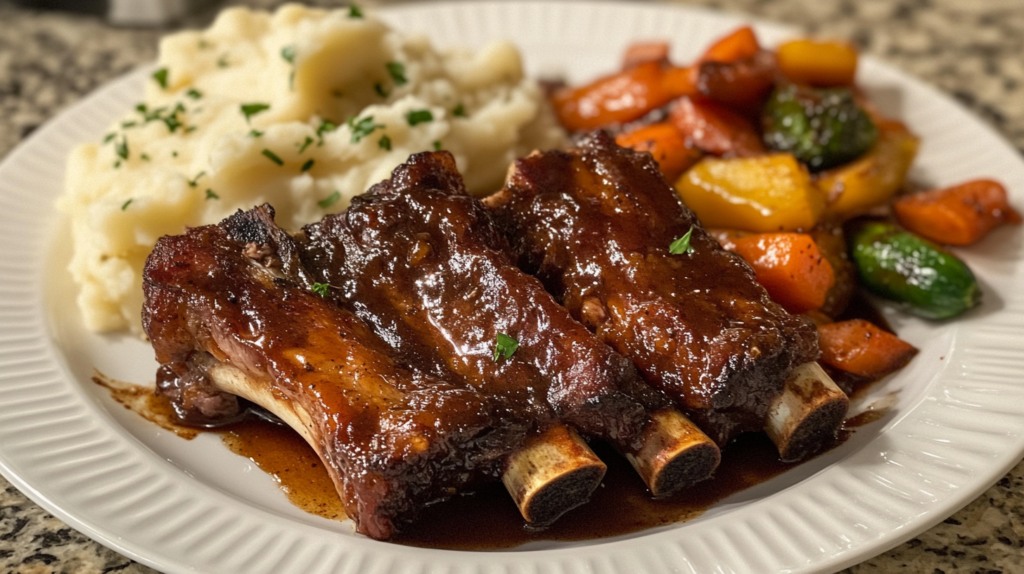 A plate of juicy braised short ribs served with mashed potatoes and roasted vegetables.