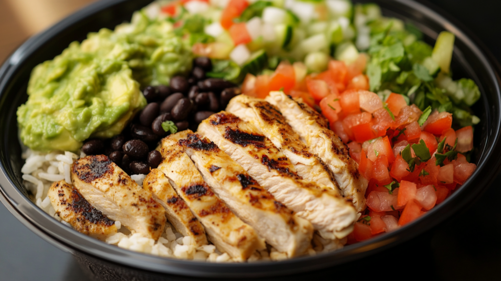A Taco Bell Power Bowl featuring grilled chicken, guacamole, cilantro-lime rice, black beans, and fresh salsa, taken with an iPhone 15 Pro