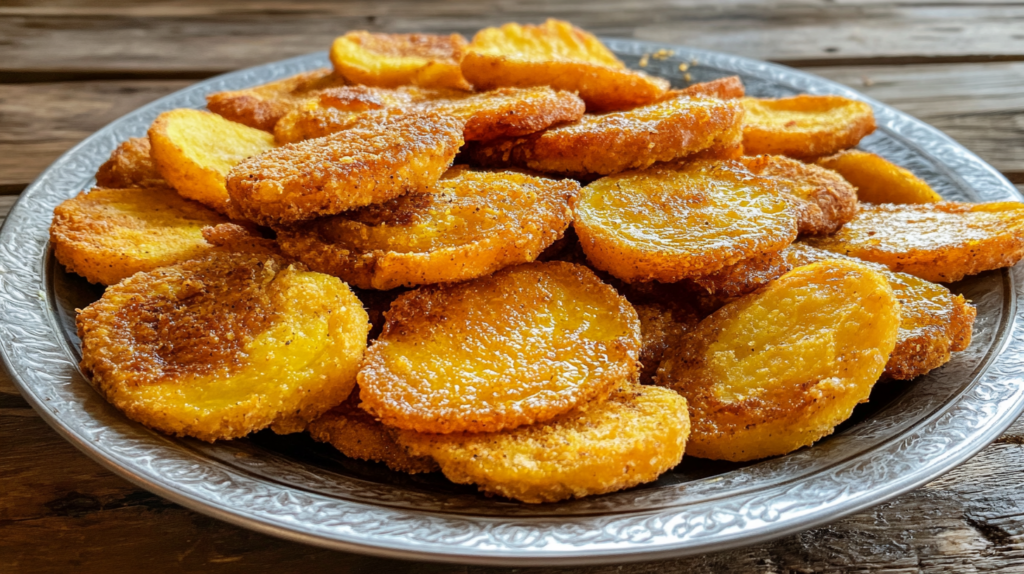 A plate of crispy golden fried squash, photographed on a rustic wooden table.