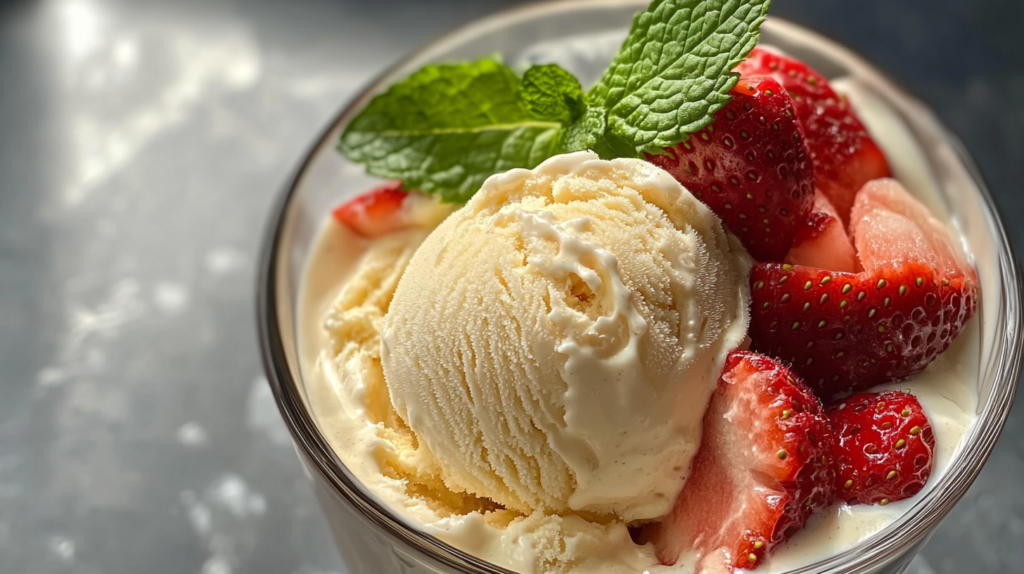 A creamy scoop of fruit ice cream topped with fresh strawberries and mint, showcasing a smooth texture, taken with an iPhone 15 Pro.