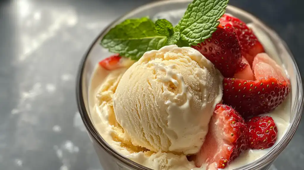A creamy scoop of fruit ice cream topped with fresh strawberries and mint, showcasing a smooth texture, taken with an iPhone 15 Pro.