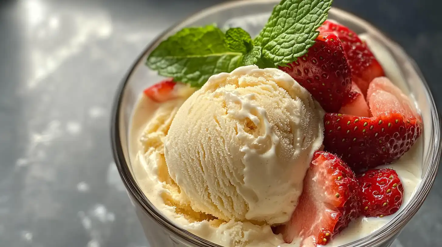 A creamy scoop of fruit ice cream topped with fresh strawberries and mint, showcasing a smooth texture, taken with an iPhone 15 Pro.