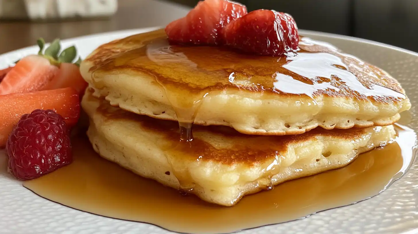 Fluffy gluten-free pancakes topped with syrup and fresh fruit, captured in a delicious, mouthwatering close-up.