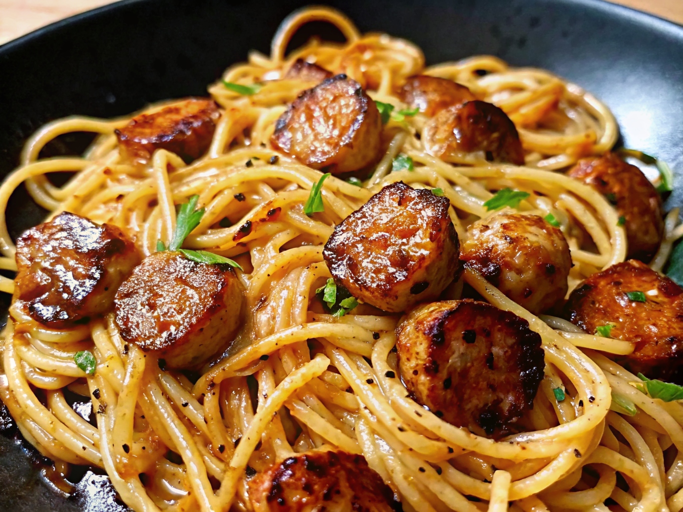 Sticky Honey Garlic Sausage Pasta Skillet