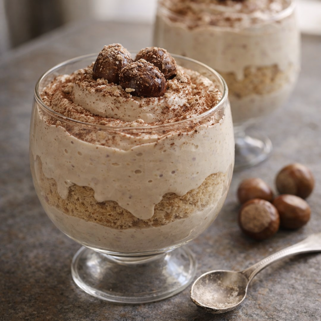 Ultra-realistic food photography of a chestnut cream mousse dessert in a glass, smooth and airy texture, light cocoa dusting on top, warm natural window light, minimal elegant table setting, authentic homemade look, iPhone 15 Pro style, shallow depth of field. Aspect ratio 16:9.