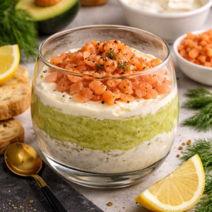 Ultra-realistic close-up of a gourmet verrine featuring layers of creamy avocado and smoky salmon, beautifully presented in a clear glass dish. The dish is placed on a rustic wooden table, surrounded by fresh herbs like dill and parsley for added color. Natural light streams in from a nearby window, casting soft shadows and highlighting the rich textures of the ingredients. The background includes a cozy kitchen setting, with blurred elements such as kitchen utensils and ingredients, creating a warm and inviting atmosphere. The composition focuses on the vibrancy and freshness of the food, evoking a refined yet simple elegance perfect for an appetizer. No text or labels in the image.