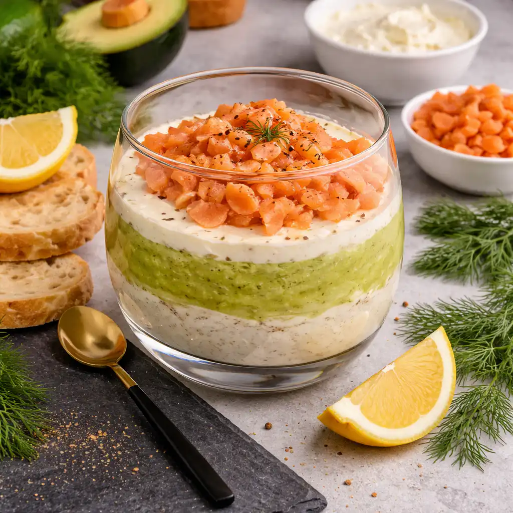 Ultra-realistic close-up of a gourmet verrine featuring layers of creamy avocado and smoky salmon, beautifully presented in a clear glass dish. The dish is placed on a rustic wooden table, surrounded by fresh herbs like dill and parsley for added color. Natural light streams in from a nearby window, casting soft shadows and highlighting the rich textures of the ingredients. The background includes a cozy kitchen setting, with blurred elements such as kitchen utensils and ingredients, creating a warm and inviting atmosphere. The composition focuses on the vibrancy and freshness of the food, evoking a refined yet simple elegance perfect for an appetizer. No text or labels in the image.