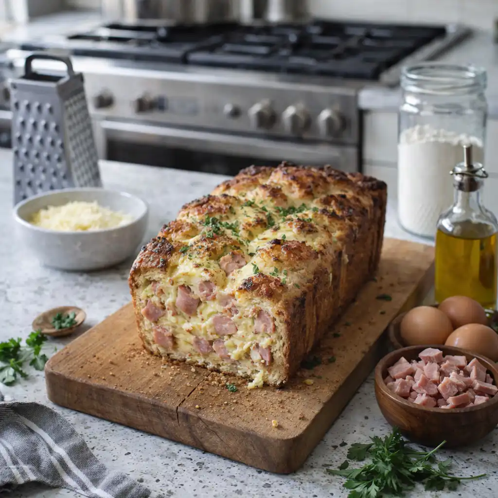 A close-up shot of a freshly baked cake salé filled with chunks of ham and melted gruyère cheese, displayed on a rustic wooden cutting board. The texture of the golden-brown crust should be clearly visible, with steam gently rising from the slightly warm cake, showcasing its fluffiness. In the background, a cozy kitchen setting is depicted with soft, natural light filtering through a nearby window, highlighting the homey atmosphere. Surrounding the cake, there are a few fresh herbs and a few slices of the cake neatly arranged, emphasizing its appetizing look. The photo captures the essence of traditional French cuisine, inviting and warm, with an ultra-realistic feel that displays the authentic textures and flavors of this delicious dish.