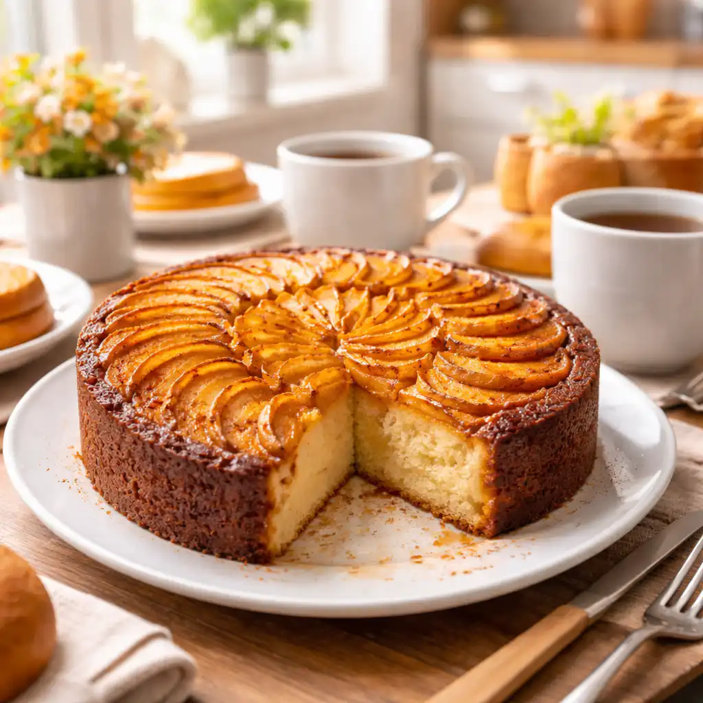 A close-up, ultra-realistic photo of a freshly baked gâteau moelleux aux pommes and mascarpone, showcasing its soft, fluffy texture adorned with thin apple slices on top. The cake is placed on a rustic wooden table in a cozy kitchen, with warm, natural light illuminating its golden-brown crust and creamy white mascarpone layers. Delicate sugar dusting adds a touch of sweetness, while a few whole apples and cinnamon sticks are artistically arranged around the cake, enhancing the inviting ambiance. The background features soft, blurred kitchen elements like a rolling pin and flour bags, creating a warm and homely atmosphere that evokes the magic of baking. A close-up, ultra-realistic photo of a freshly baked gâteau moelleux aux pommes and mascarpone, showcasing its soft, fluffy texture adorned with thin apple slices on top. The cake is placed on a rustic wooden table in a cozy kitchen, with warm, natural light illuminating its golden-brown crust and creamy white mascarpone layers. Delicate sugar dusting adds a touch of sweetness, while a few whole apples and cinnamon sticks are artistically arranged around the cake, enhancing the inviting ambiance. The background features soft, blurred kitchen elements like a rolling pin and flour bags, creating a warm and homely atmosphere that evokes the magic of baking.