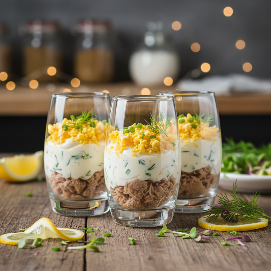 A close-up image of elegantly presented verrines filled with layered œufs mimosa and tuna, garnished with fresh herbs like chives and dill. The verrines are made of transparent glass, showcasing the vibrant yellow egg yolk, creamy mayonnaise, and finely flaked tuna in contrast. The foreground features an assortment of colorful appetizer ingredients, including slices of lemon and a scattering of microgreens. In the middle, the verrines are arranged on a rustic wooden table set against a softly blurred kitchen background with gentle, warm lighting. The atmosphere is inviting and sophisticated, perfect for a stylish aperitif or appetizer setting, evoking a sense of culinary delight. Shot with a shallow depth of field to emphasize the details of the dish.