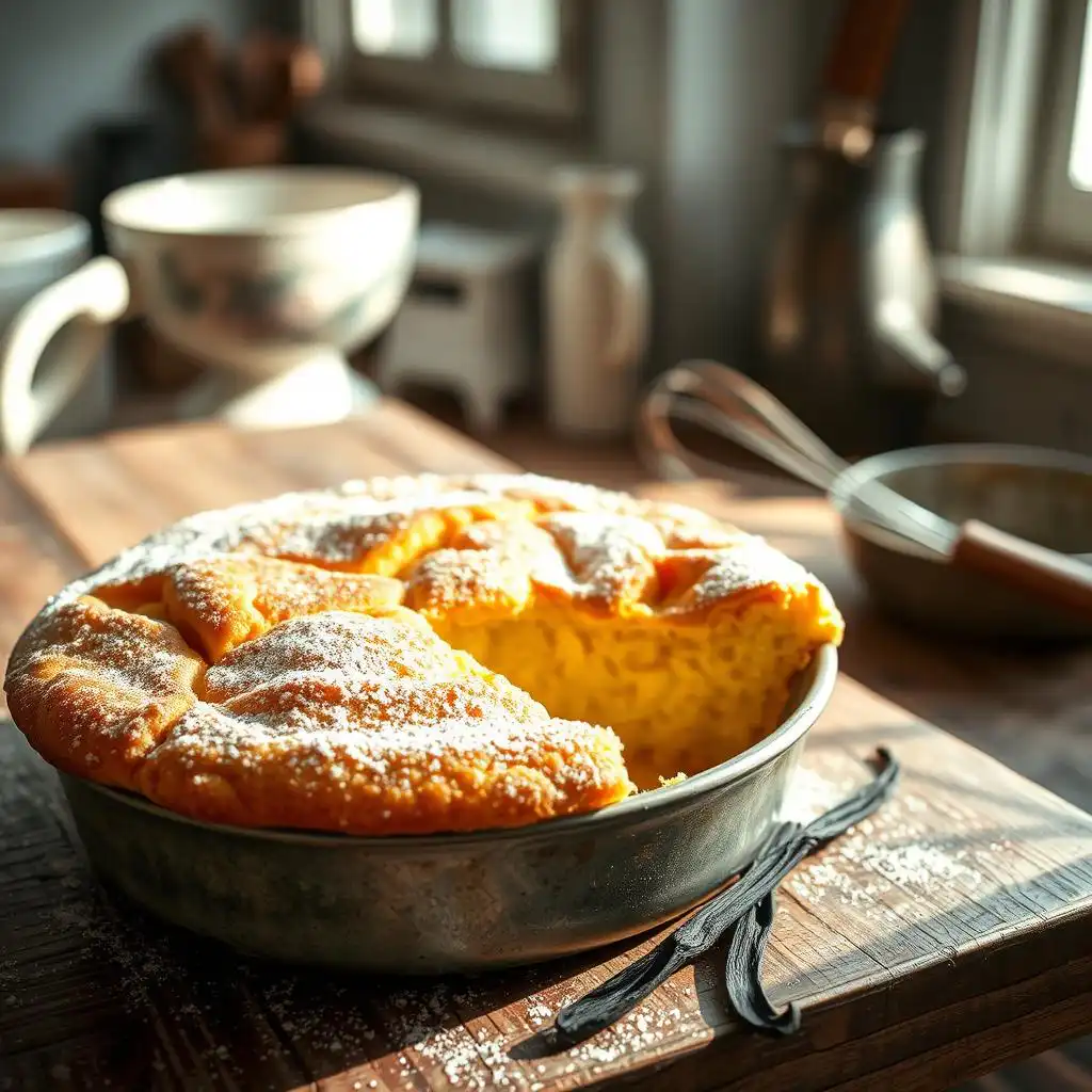A close-up view of a freshly baked "gâteau au lait chaud" resting on a rustic wooden table in a cozy kitchen. The cake's golden-brown crust has a slightly cracked surface, revealing a soft, fluffy interior that looks warm and inviting. The dish is lightly dusted with powdered sugar, and a few delicate vanilla pods are artfully placed beside it. Natural light streams through a nearby window, casting gentle shadows that enhance the authentic textures of the cake and the wooden table. In the background, soft-focus kitchen elements like a vintage mixing bowl and a whisk evoke a comforting, homey atmosphere. The scene should feel warm and inviting, emphasizing the charm of this melt-in-your-mouth pastry.
