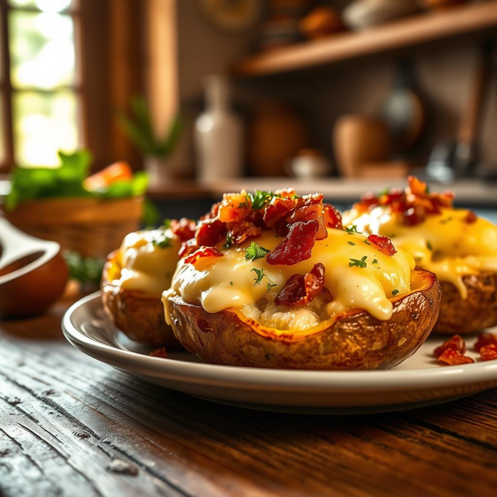 Ultra-realistic close-up of "Pommes de Terre Farcies au Reblochon," beautifully plated on a rustic wooden table. The dish features golden, baked potatoes stuffed generously with melted Reblochon cheese, garnished with fresh herbs and crispy bacon bits. The background shows a cozy kitchen setting with warm, natural light streaming in through a window, illuminating the authentic textures of the ingredients. Soft focus on the background highlights traditional kitchen utensils, like a wooden spoon and a bowl of fresh vegetables. The atmosphere is inviting and homey, evoking a sense of warmth and culinary tradition from the Savoie region. The image captures the essence of this savory dish, inviting viewers to appreciate its rich history and comforting flavors.