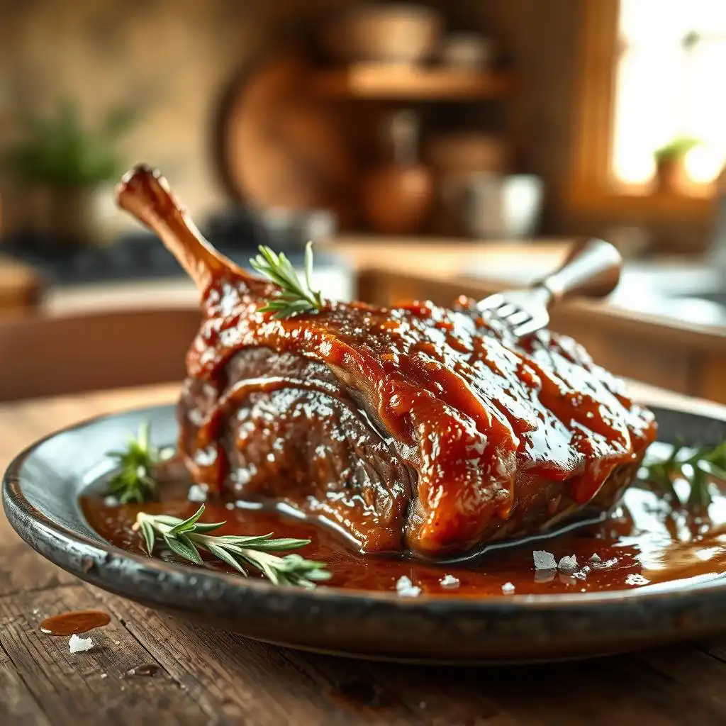 Ultra-realistic close-up of succulent confit lamb shank, glistening with a rich honey and rosemary glaze. The dish is presented on a rustic wooden table, adorned with fresh rosemary sprigs and a sprinkle of sea salt. In the background, a cozy kitchen setting is softly illuminated by natural light filtering through a window, casting gentle shadows that highlight the textures of the lamb and the rustic plate. The warm tones create an inviting atmosphere, evoking a sense of home and traditional French cuisine. The focus is on the details of the tender meat, the caramelized edges, and the luscious sauce, enticing the viewer with a gourmet culinary experience.