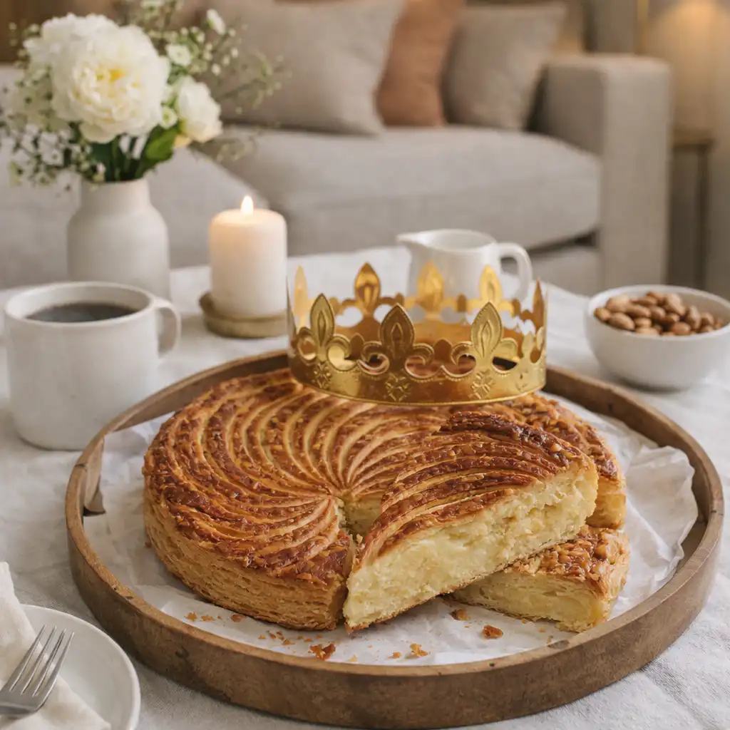 A freshly baked Galette des rois, golden and flaky, sits elegantly on a rustic wooden table, showcasing its intricate, woven crust design. The close-up composition highlights the glossy sheen of the pastry, with hints of the rich frangipane filling peeking through. The scene is warmly illuminated by soft, natural light filtering in from a nearby window, casting gentle shadows that accentuate the texture of the pastry. In the background, a cozy kitchen ambiance is created with blurred shelves adorned with cooking utensils and a small vase of fresh flowers, enhancing the atmosphere of homemade charm. The mood is celebratory and inviting, perfect for a festive occasion, evoking the tradition and history of this beloved French pastry. Galette des Rois à la Frangipane
