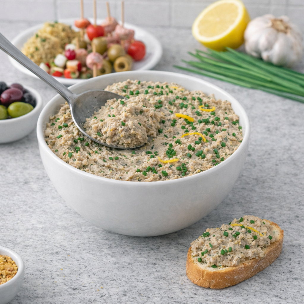 A close-up, ultra-realistic image of a bowl of crème au thon, placed on a rustic wooden table in a cozy kitchen setting. The creamy, smooth texture of the dip is highlighted, showcasing flecks of tuna and herbs throughout. Surrounding the bowl are a variety of colorful crackers and fresh veggies for dipping, adding vibrant contrast. Soft, natural light filters through a nearby window, casting gentle shadows that create depth and warmth. In the background, blurred kitchen elements such as herbs in pots and wooden utensils enhance the authentic atmosphere, evoking a sense of French culinary tradition. The overall mood is inviting and homely, perfect for representing this classic French appetizer.