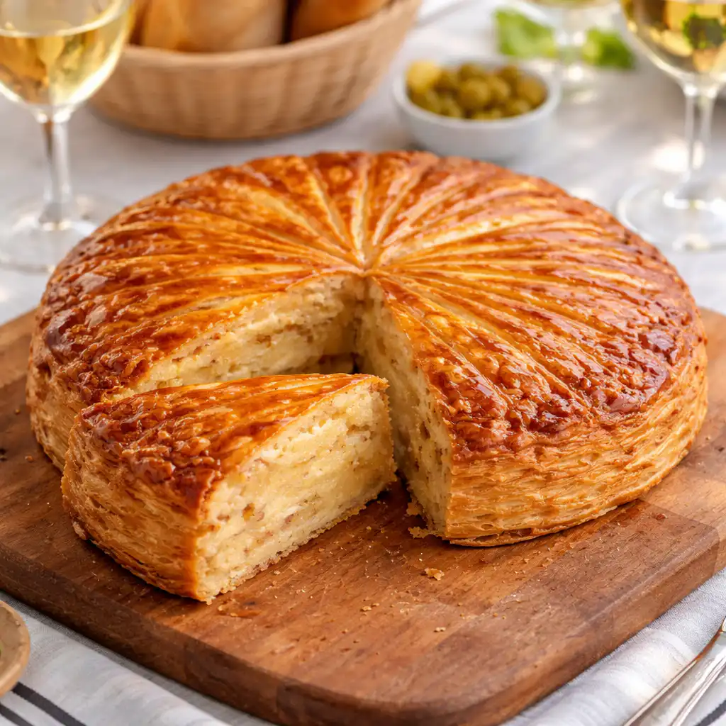 A freshly baked galette des rois, showcasing its golden, flaky crust with intricate diamond patterns, expertly placed on a rustic wooden table. The pie glistens under soft, natural light, emphasizing its inviting texture. In the foreground, a small ceramic dish holds almond cream, partially spread for a savory touch. A slice of the galette, revealing the rich filling, is cut and propped on a delicate dessert plate nearby. In the background, a cozy kitchen is softly blurred, with warm wooden cabinets and vintage decor enhancing the homey atmosphere. The scene evokes warmth, celebration, and the French tradition associated with the galette des rois, creating an inviting, festive mood. Galette des rois à la crème d’amandes