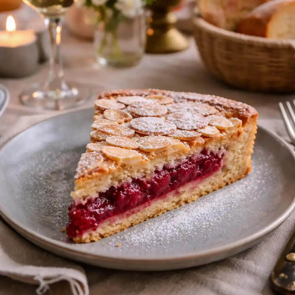 Ultra-realistic close-up of a Bakewell tart without crust, showcasing vibrant raspberry filling and a golden almond topping, surrounded by fresh raspberries and finely chopped almonds for texture. The scene is set in a cozy kitchen with soft, natural light illuminating the tart, enhancing its delicious details. The background features rustic wooden countertops and subtle hints of kitchenware, creating a warm, inviting atmosphere. Capture the delicate layers of the tart, with a focus on the glossy raspberry glaze that glistens invitingly. The angle should be slightly above the tart, emphasizing its height and intricate details while maintaining a homely feel. Tarte Bakewell aux framboises sans pâte