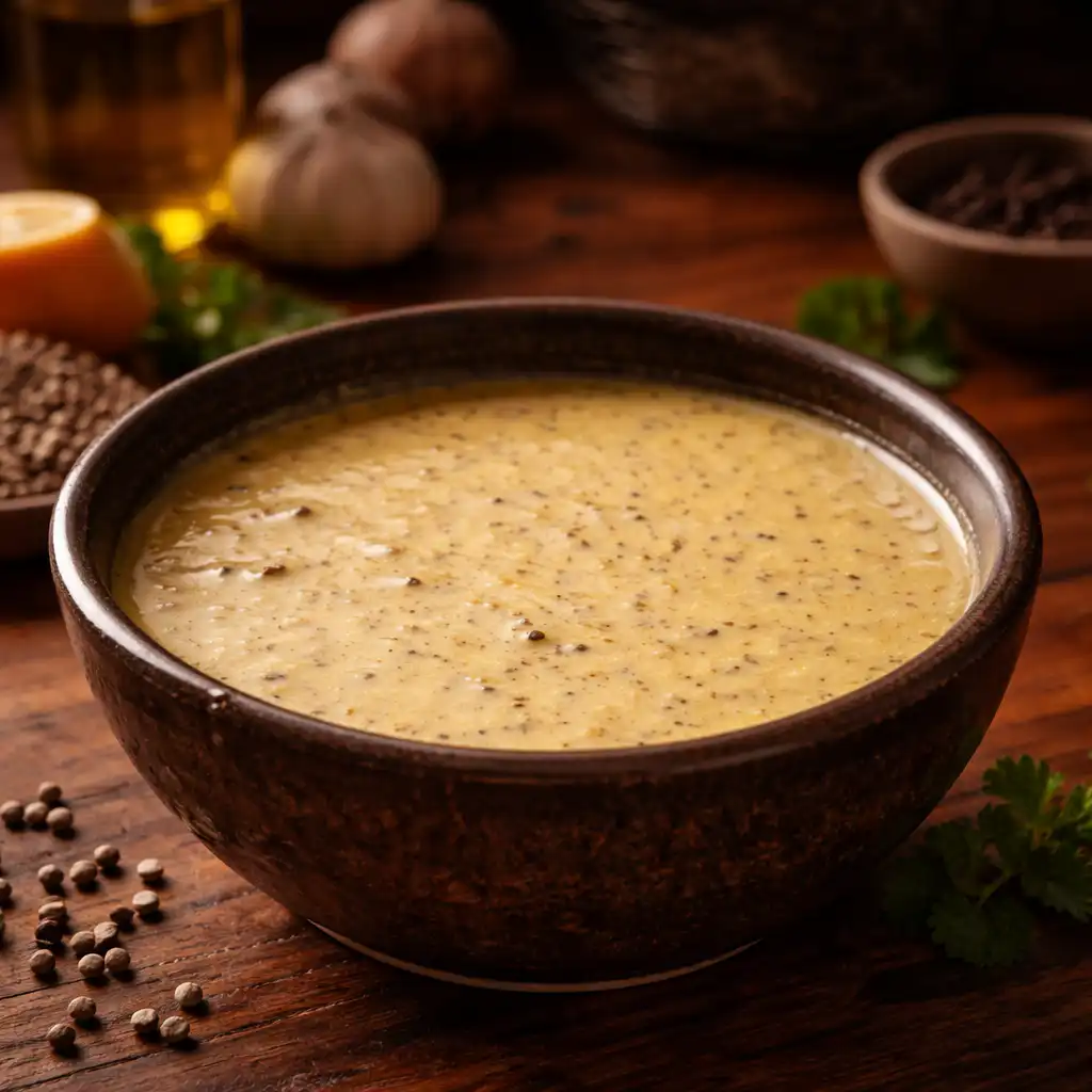 A close-up, ultra-realistic photo of a creamy pepper sauce elegantly poured into a rustic ceramic bowl, showcasing its rich texture and speckles of peppercorns. The bowl is placed on a wooden kitchen countertop adorned with natural ingredients like fresh herbs, whole peppercorns, and a glass of white wine. Soft, natural light filters through a nearby window, casting gentle shadows and highlighting the sauce's creamy consistency. In the background, a cozy kitchen setting with hanging pots, a cutting board, and fresh produce adds warmth and authenticity. The inviting atmosphere of French home cooking creates a sense of comfort and culinary artistry, making the sauce the star of the image without any text or distractions. sauce crémeuse aux poivres
