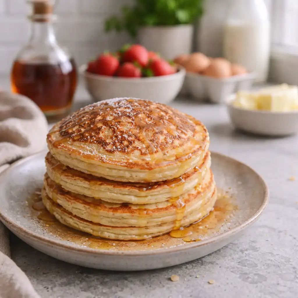 Ultra-realistic close-up of fluffy, golden pancakes au yaourt stacked invitingly on a rustic white plate. The pancakes are drizzled with golden maple syrup, adorned with fresh berries like strawberries and blueberries, and garnished with a dusting of powdered sugar. Surrounding the plate, a cozy kitchen ambiance is visible with soft natural light filtering through a window, casting gentle shadows and highlighting the authentic textures of the pancakes. The background features rustic wooden kitchen elements and a hint of greenery from a potted herb, creating a warm, inviting atmosphere perfect for a delicious and healthy breakfast. No text or distractions, just a focus on the mouth-watering pancakes in a homey setting. Pancakes au Yaourt Ultra Moelleux