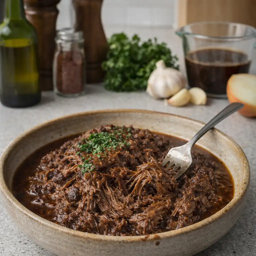 Ultra-realistic close-up of a plate of Bœuf Effiloché Fondant à la Bière Blonde, showcasing tender, shredded beef glistening under natural light, with rich, caramelized onions and herbs enhancing the dish. The cozy kitchen atmosphere is highlighted by rustic wooden surfaces and soft, warm lighting that creates inviting shadows. Background elements include a wooden cutting board, a bottle of blonde beer, and fresh vegetables, subtly blurred to keep the focus on the dish. The scene evokes a sense of comfort and culinary delight, perfect for illustrating a delicious homemade recipe. Bœuf Effiloché Fondant à la Bière Blonde