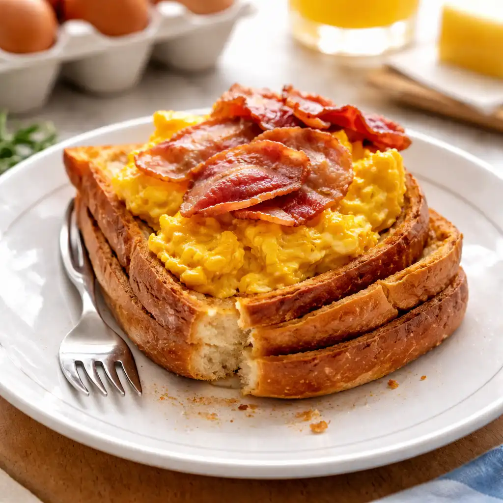 A cozy, ultra-realistic brunch scene featuring a beautifully plated dish of savory brioche perdue topped with fluffy scrambled eggs, garnished with fresh herbs. The foreground highlights the rich, golden-brown texture of the brioche, with a side of crispy bacon and lightly dressed mixed greens. In the middle, a rustic wooden table adorned with elegant tableware, a steaming cup of coffee, and a small vase of fresh flowers create an inviting atmosphere. The background showcases a sunlit kitchen with soft, natural light streaming through a window, illuminating the warm tones of the space and emphasizing the authentic textures of homemade food. The overall mood is warm, comforting, and indulgent, evoking the charm of a French brunch experience. Brioche Perdue Salée aux Œufs Brouillés