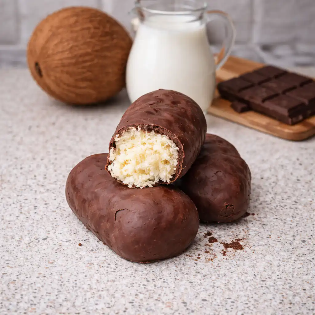 Ultra-realistic close-up of homemade Bounty bars arranged on a rustic wooden cutting board in a cozy kitchen setting. The Bounty bars feature a glossy dark chocolate coating with a textured coconut center peeking out, showcasing their delicious interior. Natural light filters in through a nearby window, casting soft, warm tones and highlighting the authentic textures of both the food and the kitchen. In the background, hints of fresh coconut, a small bowl of desiccated coconut, and a whisk can be seen, adding to the culinary ambiance. The mood is inviting and homey, reflecting the joy of homemade treats. The scene should evoke a sense of comfort and delight, perfect for celebrating this simple yet indulgent recipe. Bounty Seulement 3 Ingrédients