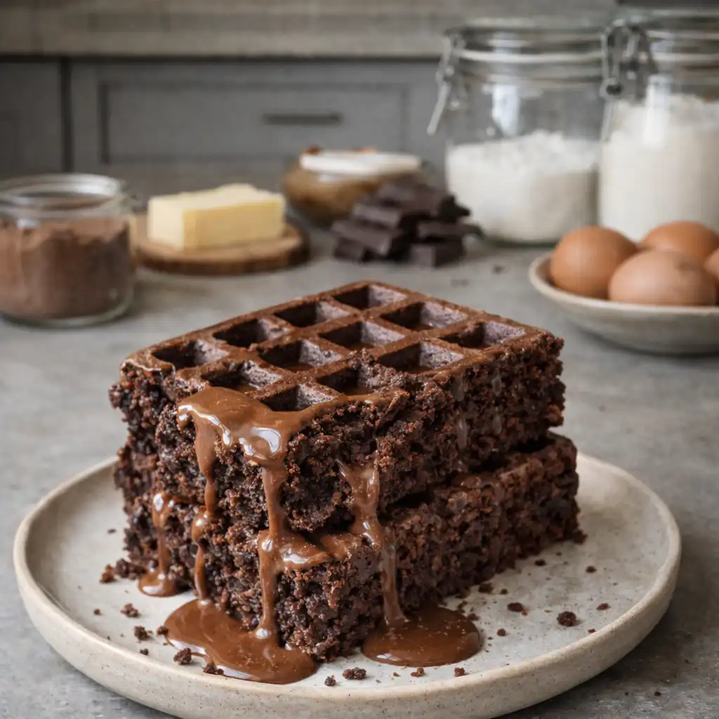 Ultra-realistic close-up of freshly made chocolate waffles (gaufres au chocolat) stacked on a rustic wooden table. The waffles have a rich, glossy layer of melted chocolate drizzled on top, glistening in natural light. In the foreground, a fork rests beside the waffles, with a small scoop of vanilla ice cream melting slightly under the warm glow of the kitchen. The background features a cozy kitchen setting with soft, blurred details of a charming, homely atmosphere, including warm wooden cabinetry and a light-filled window. Emphasize the authentic textures of the chocolate and waffles to convey a deliciously indulgent mood, inviting viewers to savor the experience. Gaufres façon Brownie