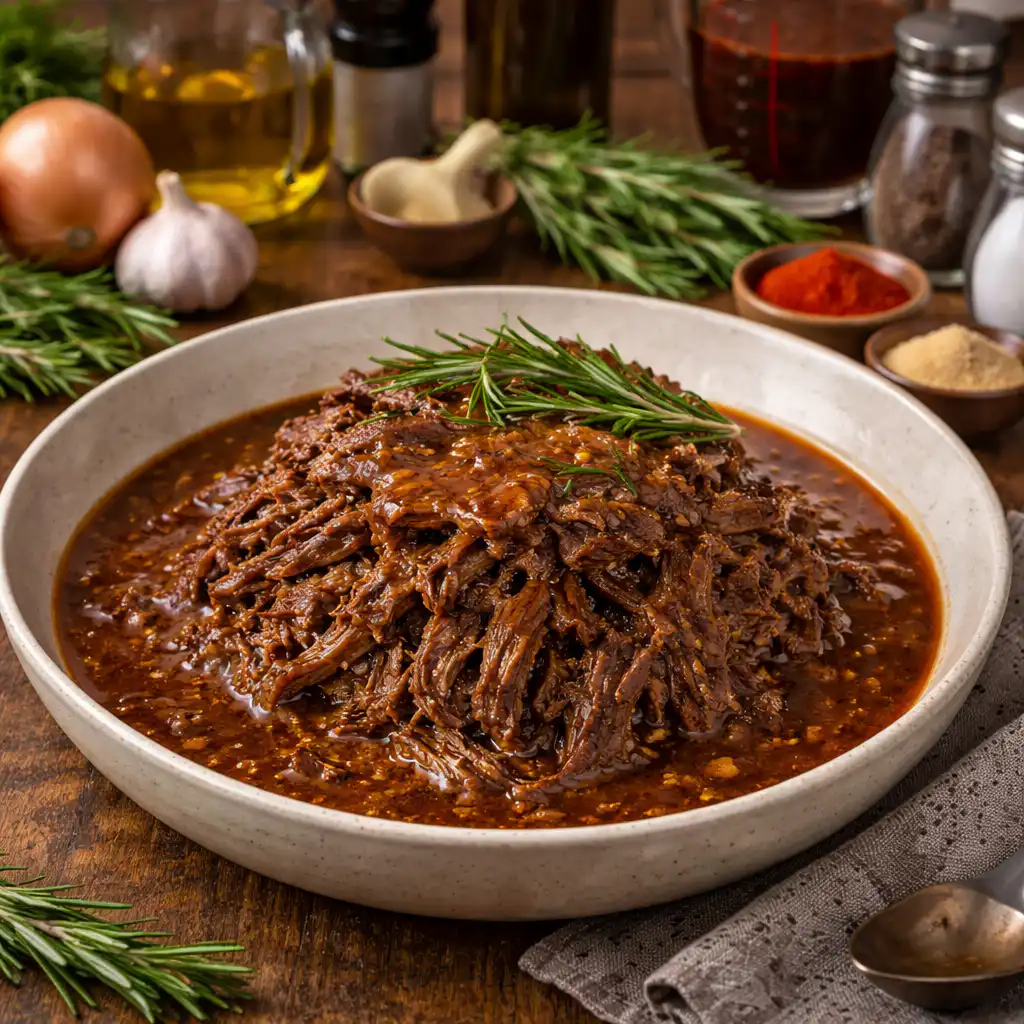 Ultra-realistic close-up of effiloché de bœuf, showcasing tender, pulled beef glistening with rich gravy, surrounded by colorful, fresh vegetables like carrots and onions. The dish is beautifully presented in a rustic bowl, with a sprinkle of fresh herbs on top for added texture. The background features a cozy kitchen setting with warm, natural light illuminating the scene, highlighting the authentic textures of the meal and the rustic wooden table. The atmosphere is inviting and homey, evoking the tradition of slow-cooked comfort food. Shot at a 45-degree angle, focusing on the succulent details of the beef and the vibrant colors of the vegetables. Effiloché de bœuf braisé fondant