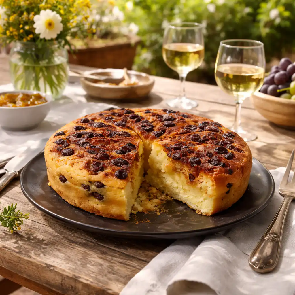 A close-up shot of a beautifully presented gâteau de semoule with plump raisins and a rich caramel drizzle, resting on a rustic wooden table in a cozy kitchen setting. The soft, moist texture of the cake is highlighted, with a few slices revealing its fluffy interior. Natural light pours in from a nearby window, casting warm, inviting shadows that enhance the cake’s golden hues. A vintage fork and a small dish of caramel sauce are artfully arranged in the foreground, adding to the homey atmosphere. In the background, blurred kitchen elements like a bowl of fresh eggs and rustic utensils create a sense of authentic culinary history. The mood is warm, inviting, and nostalgic, evoking the rich traditions behind this cherished dessert. Gâteau semoule raisin caramel
