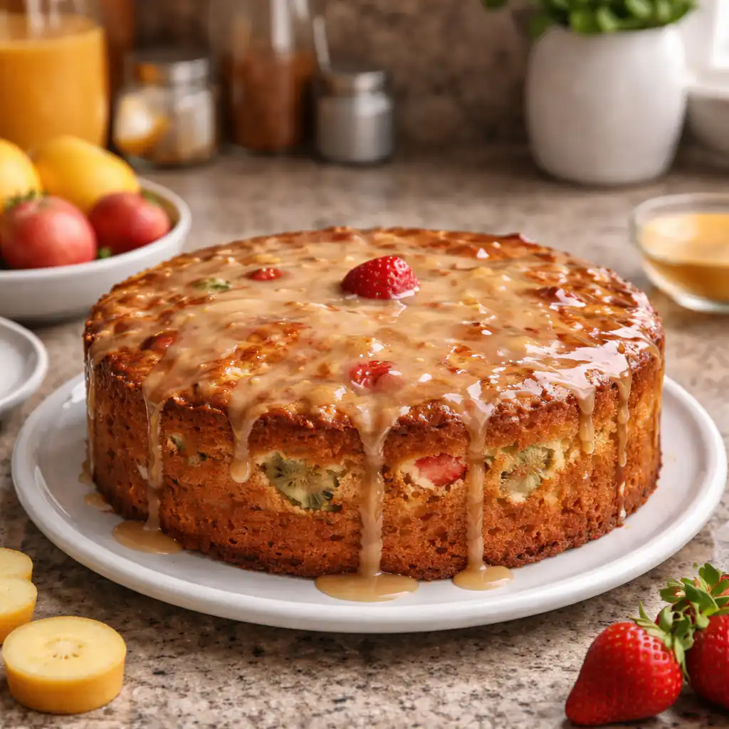 Ultra-realistic homemade fruit salad cake with a glossy sugar cream frosting, presenting a vibrant array of colorful fruits like strawberries, kiwi, and blueberries artfully arranged on top. The cake is displayed on a rustic wooden table in a cozy kitchen, with natural light pouring in from a nearby window, casting soft shadows. The background features warm, inviting kitchen elements, like fruit bowls and baking utensils, enhancing the homely atmosphere. Capture the authentic textures of the fresh fruits and creamy frosting, showcasing the cake’s delightful layers. The composition should be a close-up shot to emphasize the intricate details and vivid colors, creating a mouthwatering visual appeal that embodies the charm of a fruit salad cake with a sweet glaze. Gâteau à la salade de fruits & glaçage au sucre à la crème