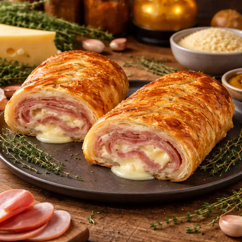 A close-up, ultra-realistic photo of a freshly baked "Roulé Feuilleté Tressé Jambon Fromage" displayed on a rustic wooden table in a cozy kitchen setting. The pastry, golden-brown and flaky, is beautifully braided, revealing layers of savory ham and melted cheese peeking through. Surround the dish with fresh herbs like rosemary and scattered cherry tomatoes to enhance the presentation. Soft, natural light streams in from a nearby window, casting gentle shadows and highlighting the texture of the pastry. The background features warm, muted kitchen elements, such as a vintage knife and a wooden cutting board, creating an inviting atmosphere that encourages sharing and enjoyment among family and friends. Roulé Feuilleté Tressé Jambon Fromage