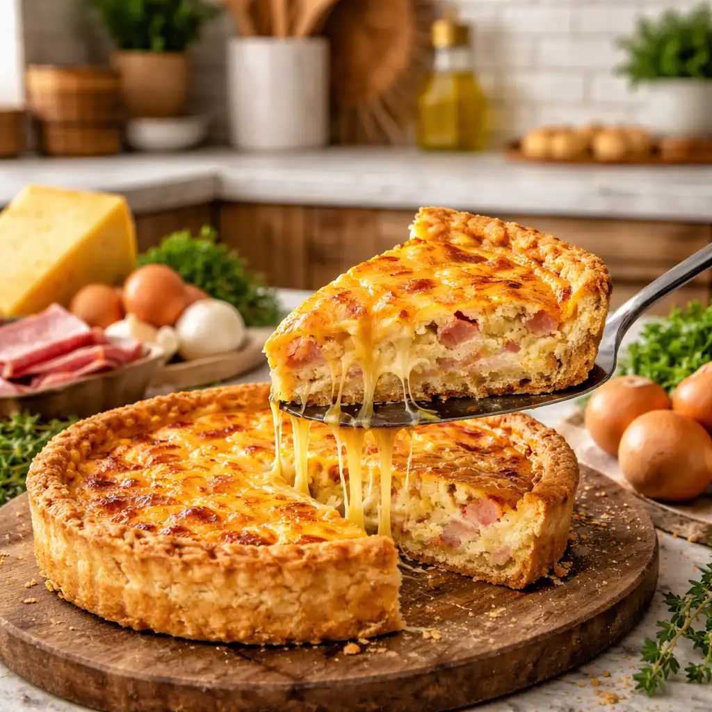 Ultra-realistic close-up of a freshly baked Quiche Lorraine placed on a rustic wooden kitchen table. The golden-brown crust is slightly flaky, with a rich filling of creamy custard, bacon lardons, and sautéed onions visible through the top. In the background, a cozy kitchen setting features warm, natural light streaming in from a nearby window, illuminating the authentic textures of the quiche and the surrounding ingredients like fresh herbs and a glass of white wine. The atmosphere is inviting and homey, evoking the warmth of traditional French cooking, with soft shadows creating depth and enhancing the overall composition. The image should capture the essence of homemade comfort food in a charming kitchen environment. Quiche lorraine maison