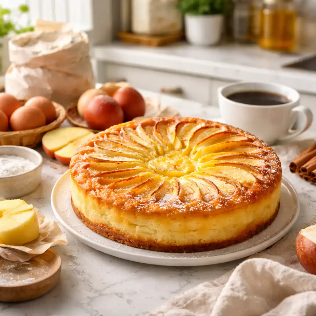 A close-up, ultra-realistic image of a golden-brown flan aux pommes, beautifully plated, with luscious caramel sauce glistening on top. The flan, set on a rustic wooden table, is surrounded by fresh apple slices and a dollop of creamy yogurt just beside it. In the background, a cozy kitchen setting with warm, natural light filtering through a window, highlighting the authentic textures of the dessert and the inviting atmosphere. Include soft shadows to enhance depth, and use a shallow depth of field to draw focus on the flan while gently blurring the kitchen elements. The overall mood should evoke comfort and indulgence, celebrating the delightful story of this beloved dessert. Flan aux Pommes et Yaourt à tomber par terre