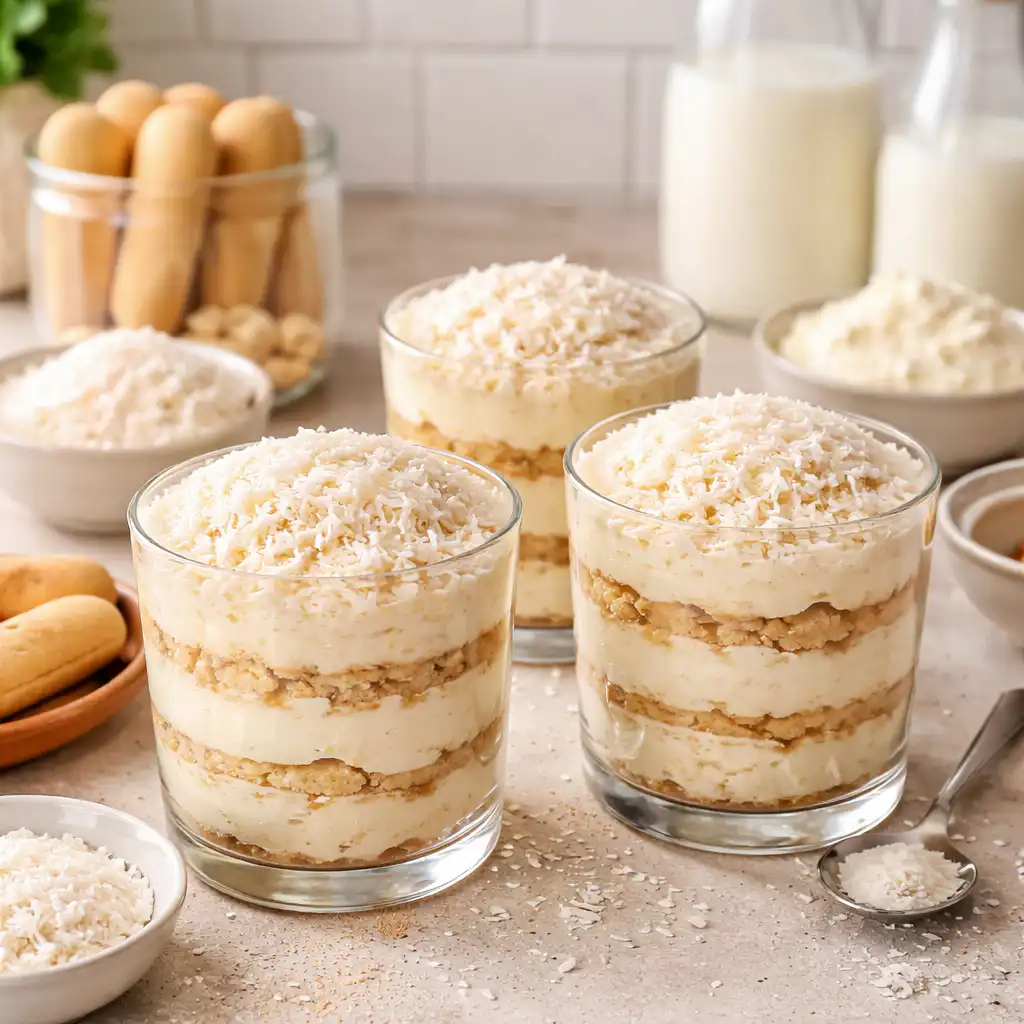 A beautifully plated tiramisu infused with coconut, showcasing its rich, creamy layers and textured cocoa dusting. In the foreground, a close-up captures the dessert's delicate details, highlighting the fluffy mascarpone layered with coconut cream and a sprinkle of toasted coconut flakes for an exotic twist. The plate is elegantly garnished with fresh mint leaves and a drizzle of coconut syrup. In the middle, an inviting cozy kitchen setting adds warmth, with rustic wooden countertops and soft, natural light illuminating the scene, creating an inviting atmosphere. In the background, blurred hints of kitchen utensils and ingredients, like coconut and espresso beans, enhance the homemade feel. The overall mood is warm and inviting, perfect for an indulgent dessert experience. Tiramisu noix de coco