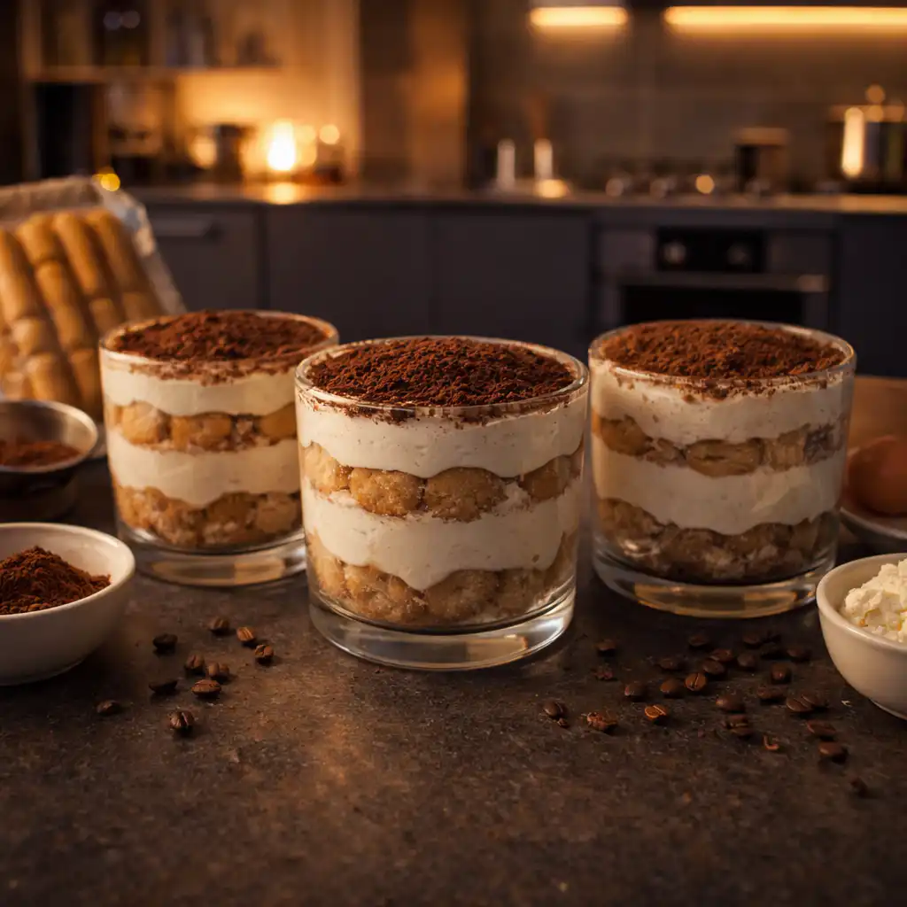 Ultra-realistic close-up of a beautifully plated tiramisu cacao, showcasing rich layers of cocoa dusted sponge cake and luscious mascarpone cream. The dessert should be the center of attention, with the texture of the creamy filling and the dusting of cocoa powder visible. Soft, natural light streams in from a nearby window, casting gentle shadows and enhancing the warm, inviting atmosphere of a cozy kitchen. In the background, hints of rustic wooden kitchenware and a softly lit counter add to the charm. Use a shallow depth of field to create a dreamy bokeh effect, drawing focus to the tiramisu while the surrounding elements add context without distraction. The mood is warm and comforting, evoking a sense of indulgent sweetness. Tiramisu cacao