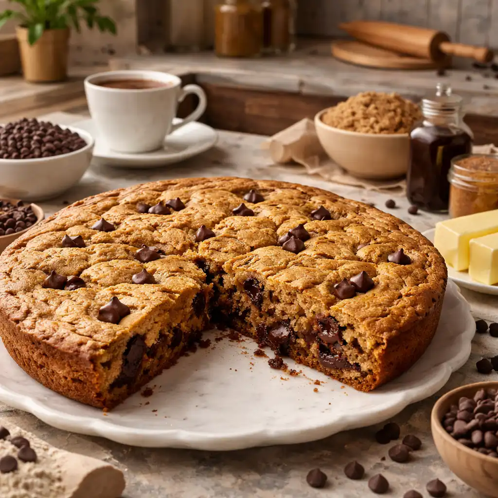 A close-up image of a homemade tarte cookie maison placed on a rustic wooden table in a cozy kitchen setting. The tarte cookie, golden brown and slightly gooey in the center, is adorned with creamy chocolate chips and sprinkled with a light dusting of powdered sugar. Natural light filters through a nearby window, highlighting the authentic textures of the dessert and creating warm, inviting shadows. In the background, soft-focus kitchen elements like a vintage whisk, clean dish towels, and a bowl of flour add to the homey atmosphere. The overall mood is simple, inviting, and indulgent, perfect for showcasing the delight of this easy-to-make treat. La tarte cookie maison