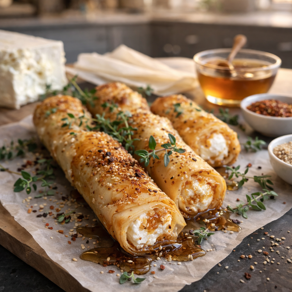 Roulés de feta croustillants au miel épicé